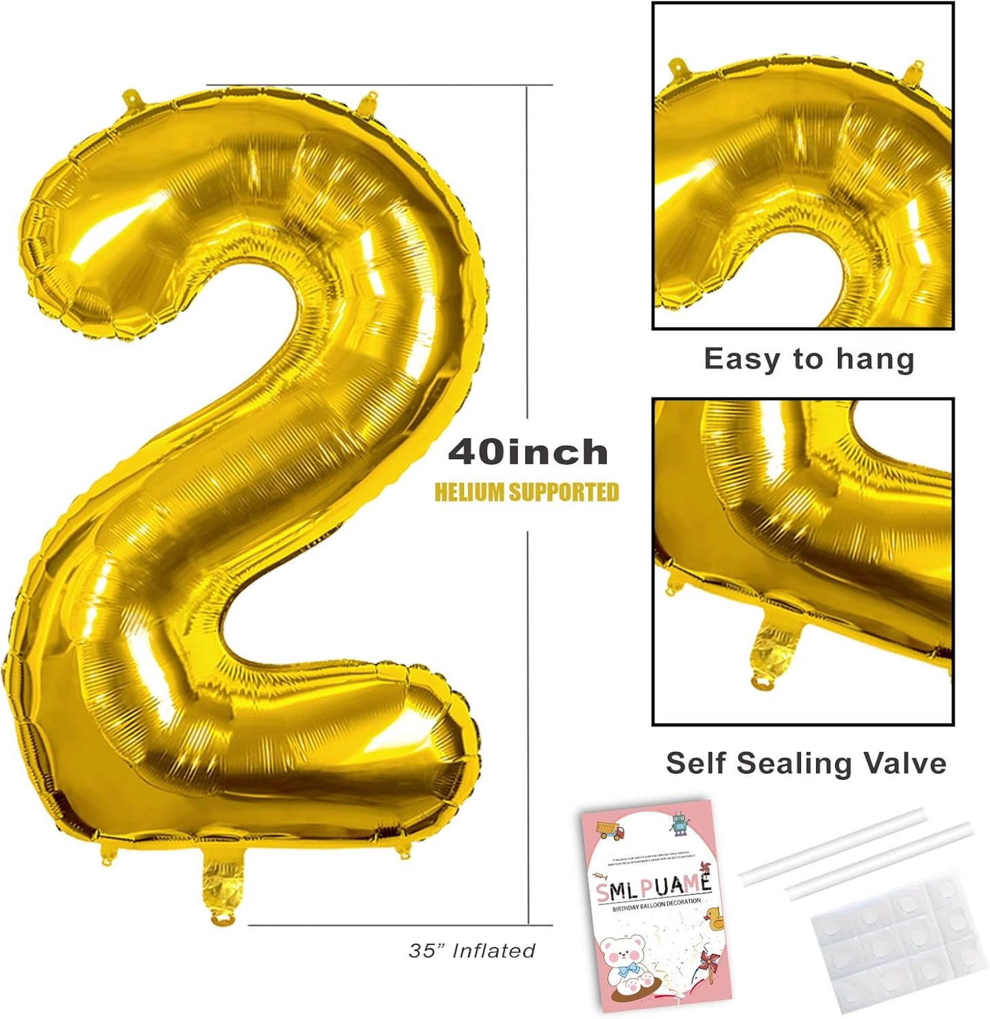 Smlpuame Gold Number 2 Balloon - 40 Inch Helium Foil for Birthday & Wedding Celebrations