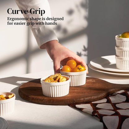 DOWAN Ramekins - 4 oz Oven Safe Porcelain Custard Cups for Baking | Set of 6 Soft White Bowls