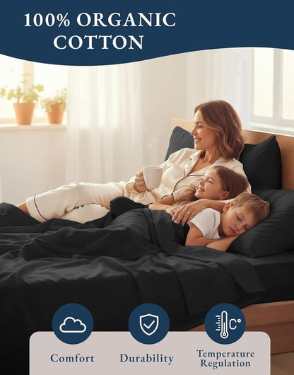 Lane Linen 100% Organic Cotton California King Sheets Set - Ultra Soft Percale Weave, Fits Mattresses Up to 15" Deep | Black