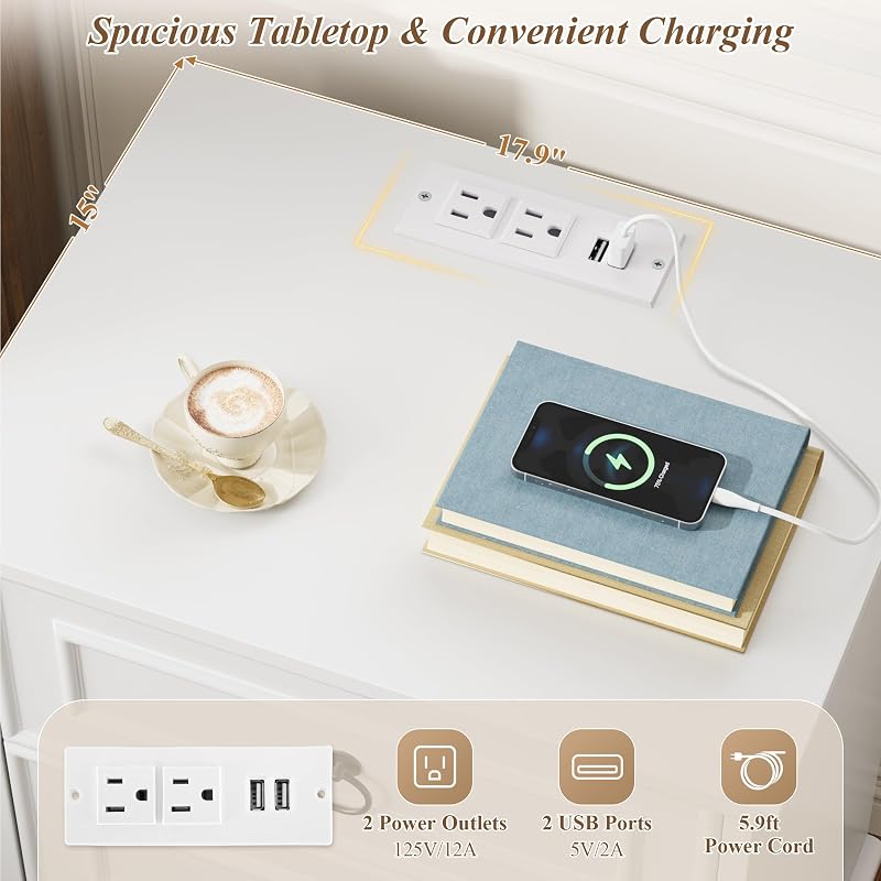 26" Tall Nightstand with Charging Station - White, 3 Drawers (Variation: White+1)