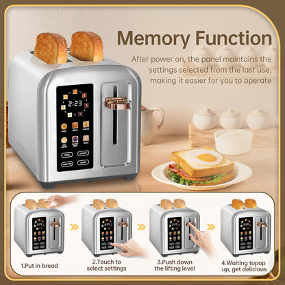 SEEDEEM 2-Slice Toaster - Full Touch Control, LCD Display, 50% Faster Heating, 7 Shade Settings, Silver Metallic