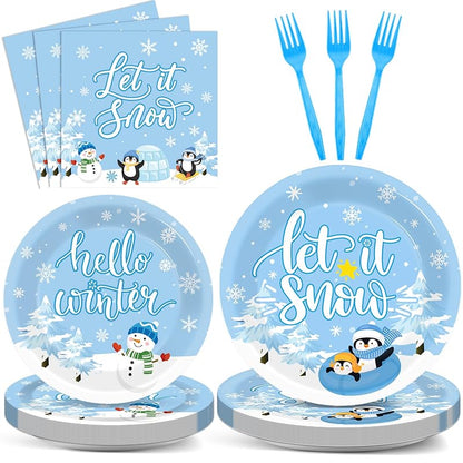 Let It Snow Winter Party Dinnerware Set 96 PCS - Plates, Napkins & Forks with Snowman Penguin