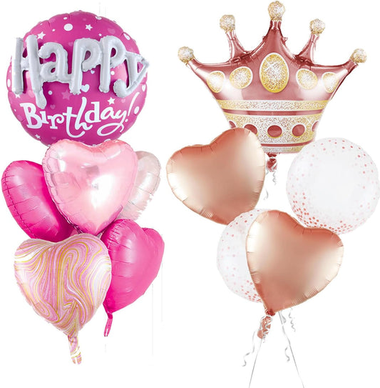 Rose Gold Crown Mylar Balloons - Large Round Pink Balloons Set for Women's Birthday Decorations