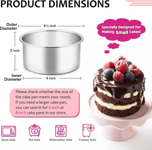 E-far Mini Round Cake Pan Set - 4 Inch Stainless Steel Baking Pans | Non-Toxic, Dishwasher Safe