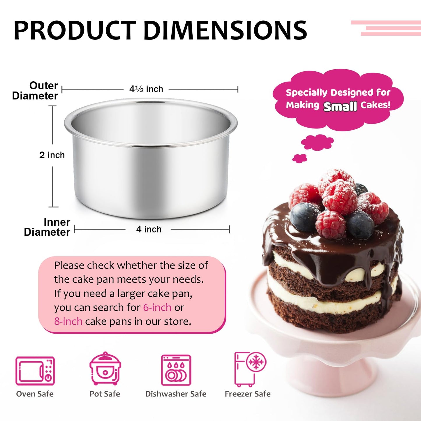 E-far 4 Inch Small Cake Pan Set of 4, Stainless Steel Mini Round Smash Cake Baking Pans, Non-Toxic & Healthy, Mirror Finish & Dishwasher Safe