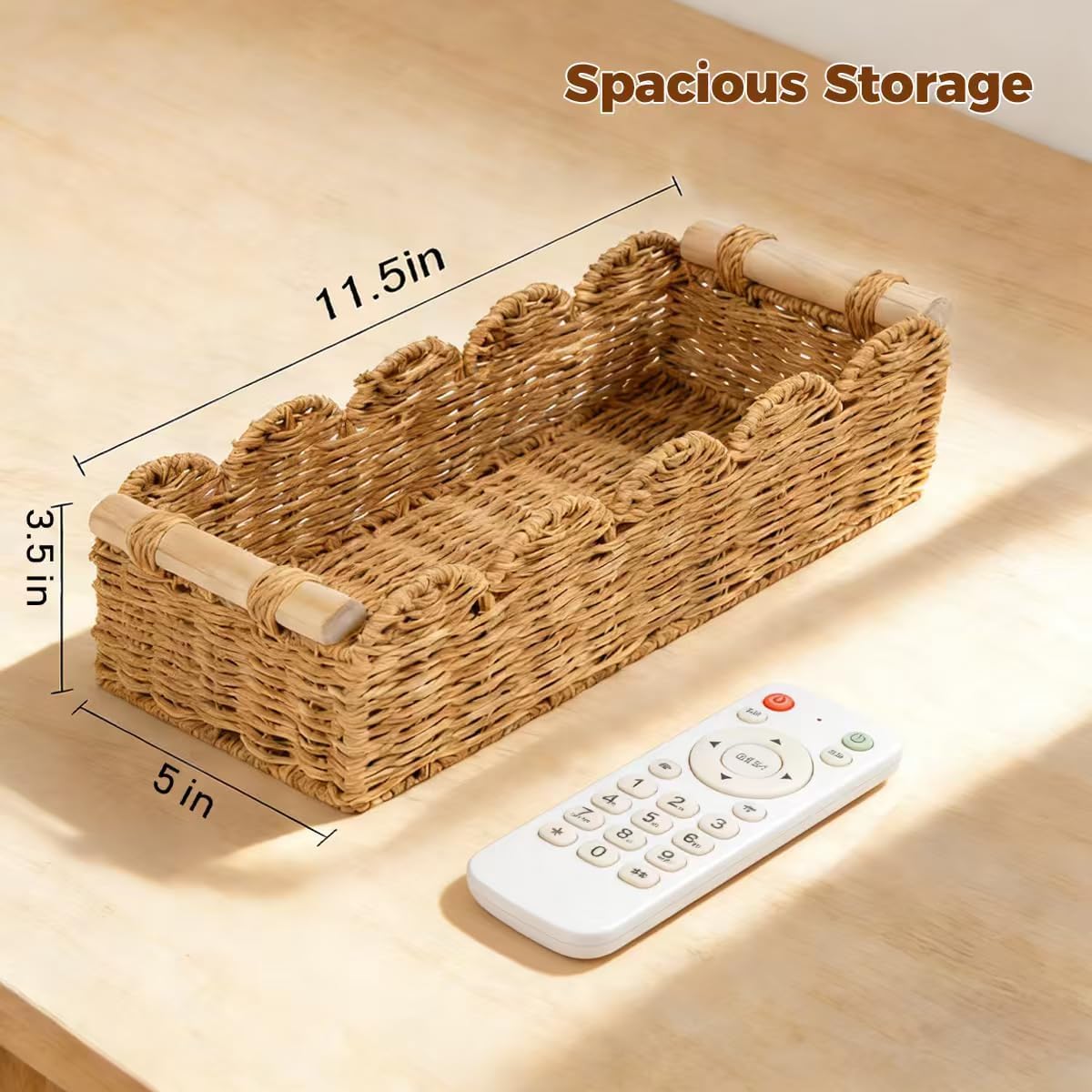 Paper Rope Scalloped Edge Toilet Paper Storage Basket - Small Living Room & Bedroom Decor with 2 Wooden Handles