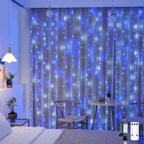 JMEXSUSS 300LED Christmas Curtain Lights - Blue & White Indoor/Outdoor Fairy Lights | 8 Modes, 9.8x9.8ft Decor