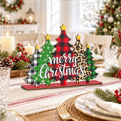 Five-Tree Christmas Sign - Buffalo Plaid & Leopard Print Wooden Christmas Decoration - Variation: Christmas1