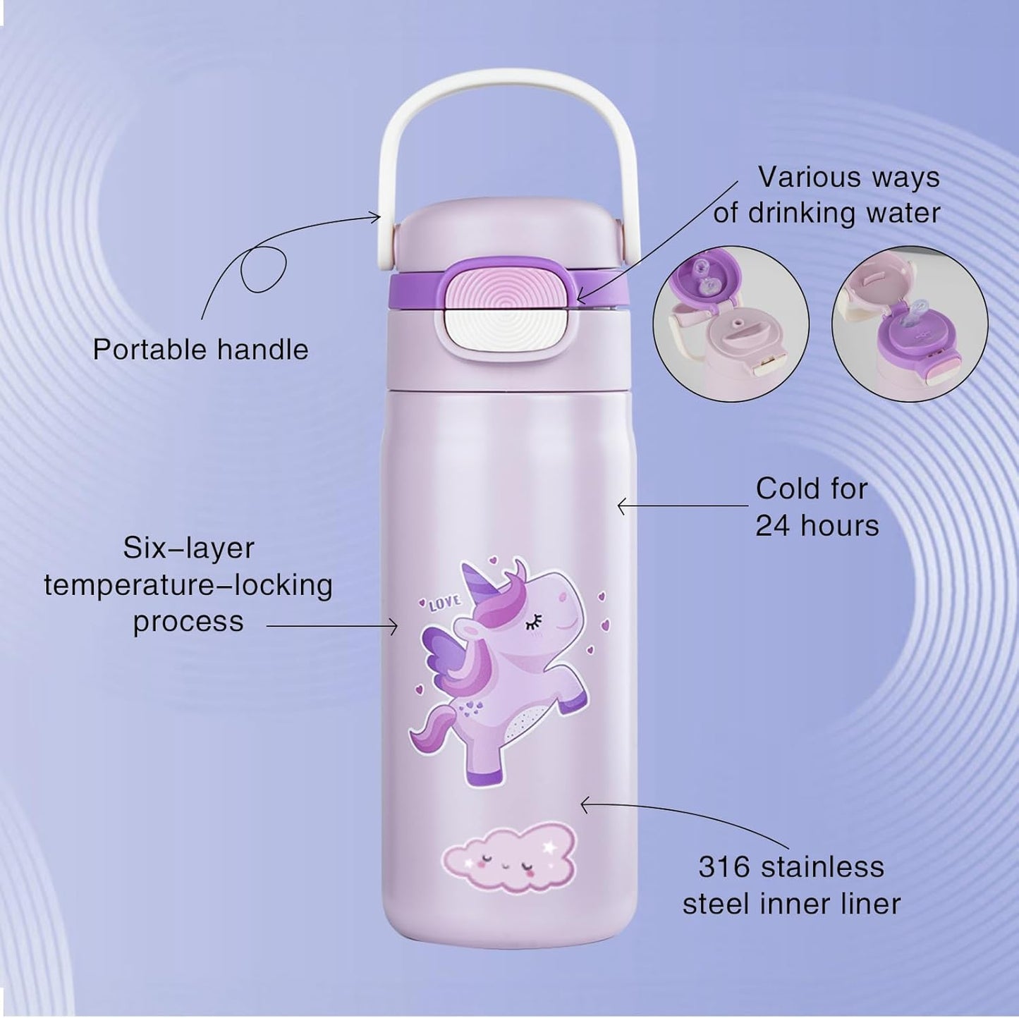 Skiennix Insulated Water Bottle for Kids - Leak-Proof Tumbler with Straw | Purple Unicorn Design