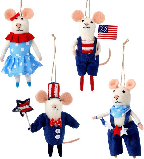 Hahafelt 4 Pcs 4th of July Felt Mice Ornaments - Cute Patriotic Wool Mouse Set | Handmade Red, Blue & White Decor (3.94 Inch)