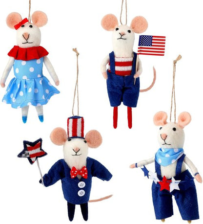 Hahafelt 4 Pcs 4th of July Felt Mice Ornaments - Cute Patriotic Wool Mouse Set | Handmade Red, Blue & White Decor (3.94 Inch)