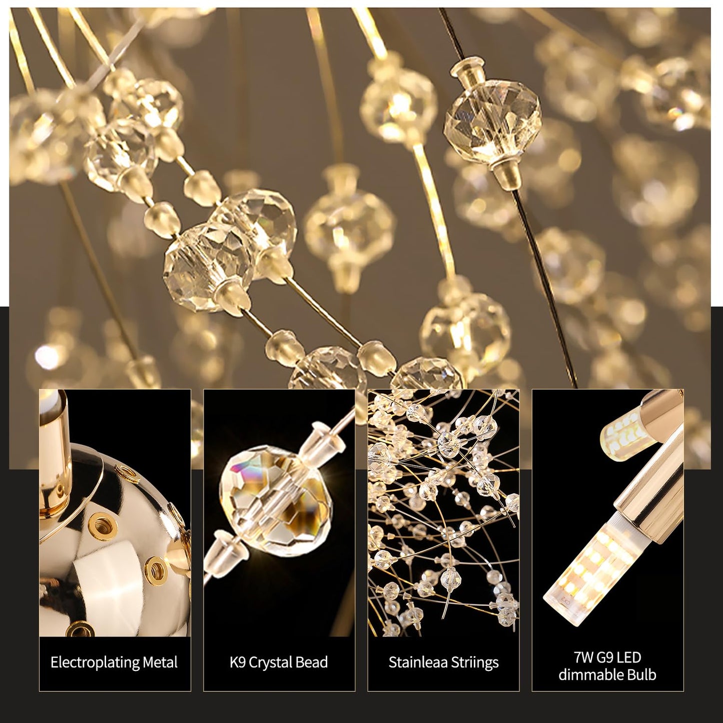 Crystal Flush Mount Ceiling Light, Gold Modern Sputnik Firework Close to Ceiling Lamp, LED Flower Ceiling Light Fixtures for Living Room Bedroom Kitchen Island Entryway Hallway Foyer, With 9 G9 Bulbs