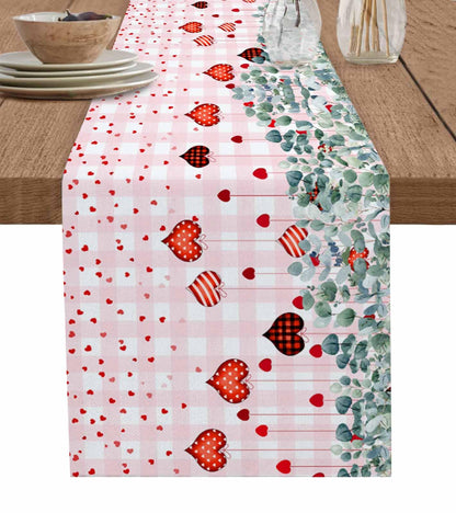 Eucalyptus Love Hearts Valentine's Day Table Runner, Pink Buffalo Plaid Cotton Linen Tablecloth Spring Farmhouse Table Decorations for Home,Kitchen,Dining Room,Indoor,Outdoor,13X108 Inches Extra Long