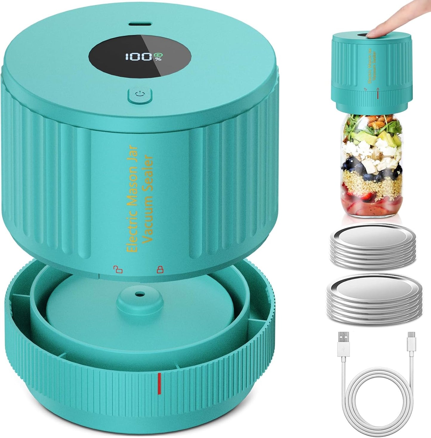 Skiennix Electric Mason Jar Vacuum Sealer Kit - Ideal for Wide & Regular Mouth Jars - Green