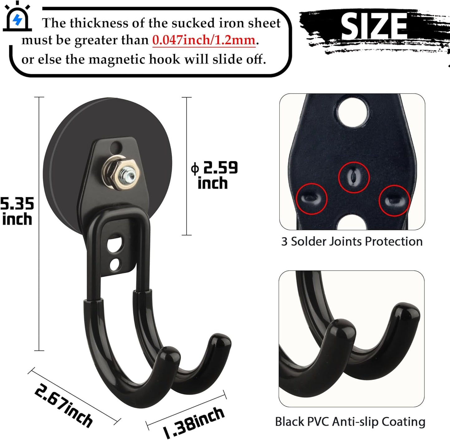ULIBERMAGNET Heavy Duty Magnetic Hooks - 4 Pack Black J Hooks with Anti-Slip Coating for Tools & More