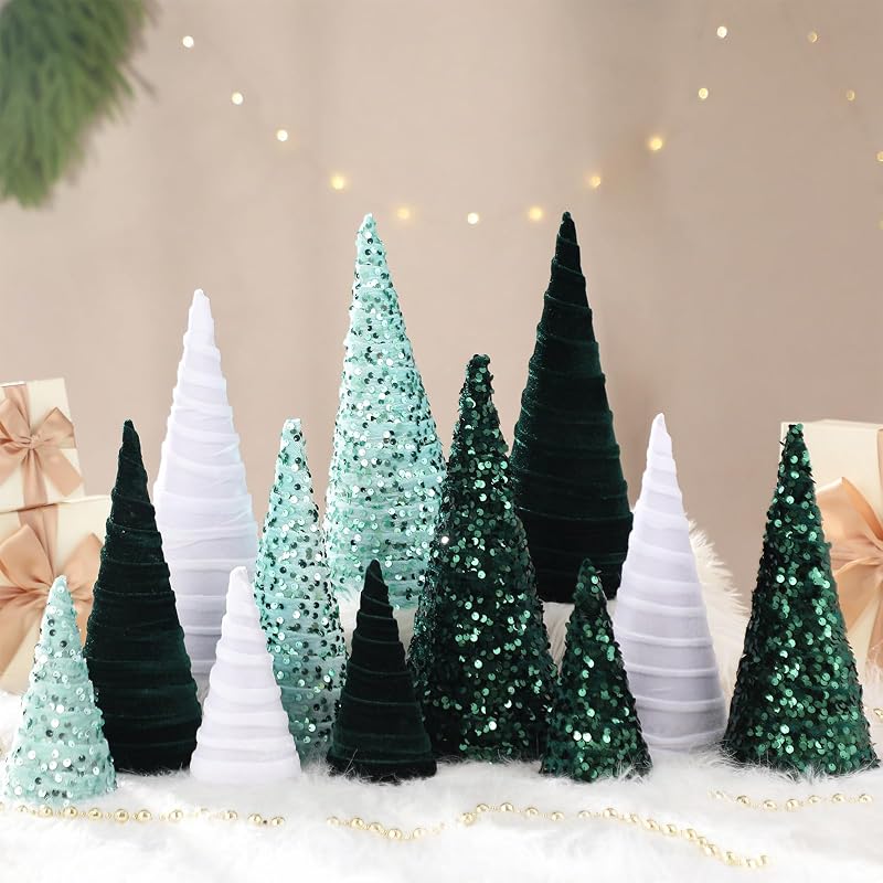 12 Pcs Velvet Cone Christmas Ornaments Set - Green, Light Green, White (Variation: Green, Light Green, White)