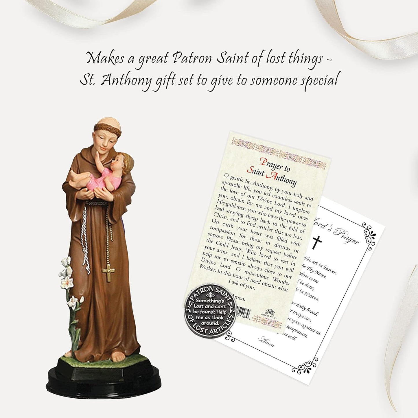 St. Anthony of Padua Statue - 5 Inch Figurine with Laminated Prayer Card & Pocket Token Set