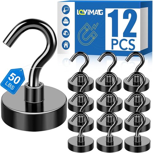 LOVIMAG Magnetic Hooks - Heavy Duty 50lbs+ Strong Magnets for Home & Kitchen | 12 Pack Black