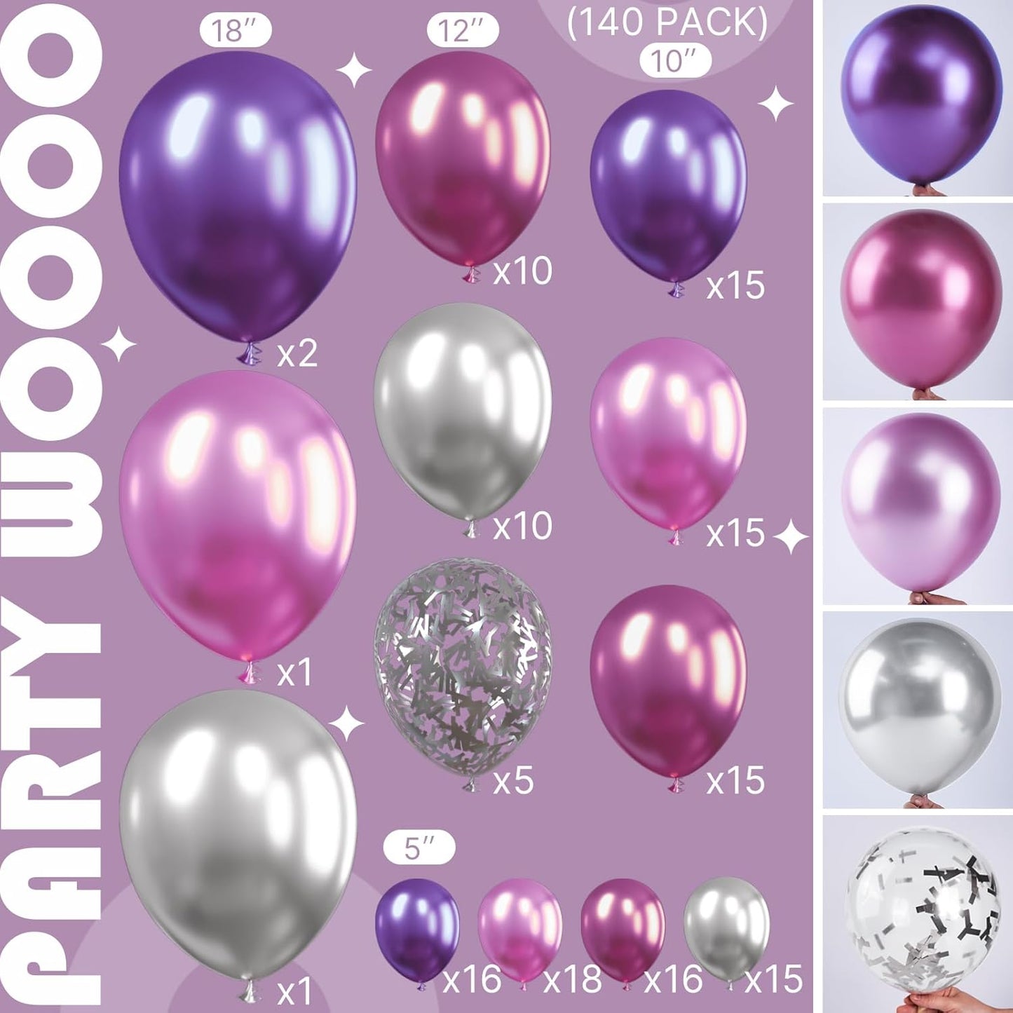 PartyWoo Purple Balloon Garland Kit - 140 Pcs in Various Sizes for Stunning Birthday & Party Decor