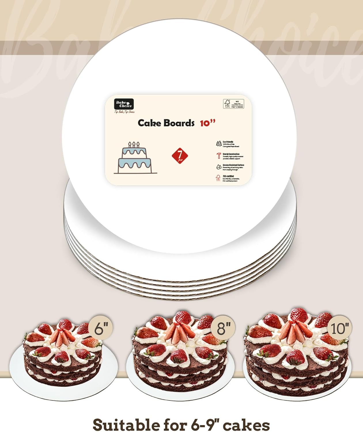 Bake Choice 10-Inch Round Cake Boards - 7 Pack Food-Grade Waterproof & Oil-Proof Plates