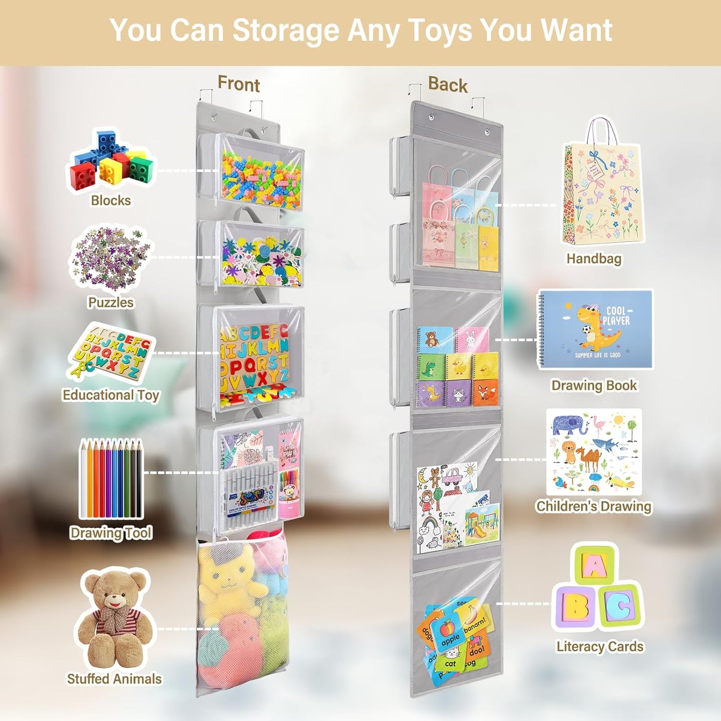 Woodoulogy Hanging Toy Storage - Over Door Stuffed Animal Organizer with 4 Removable Bags & Mesh Pocket