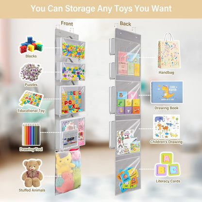 Woodoulogy Hanging Toy Storage - Over Door Stuffed Animal Organizer with 4 Removable Bags & Mesh Pocket