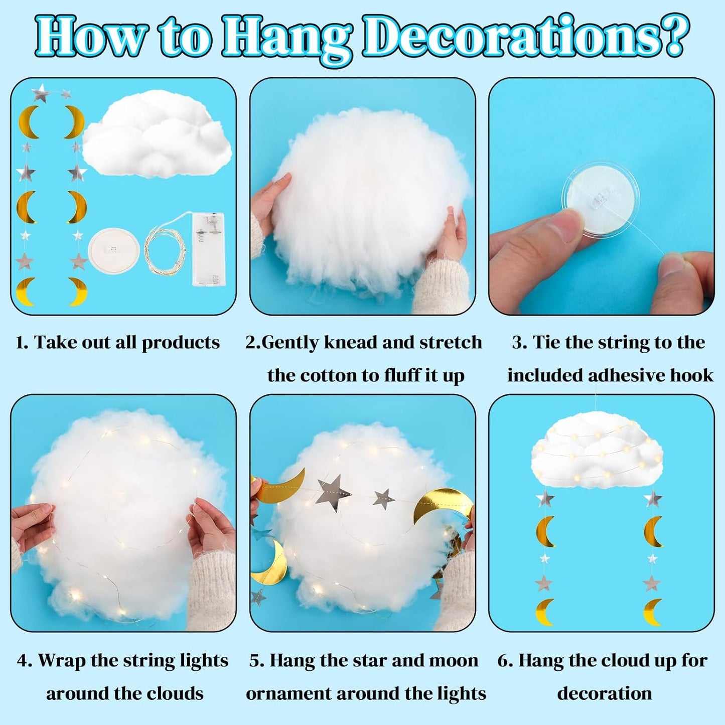 Skiennix 3D Fluffy Cloud LED Light Kit - Hanging & Table Centerpiece Decor for Baby Showers & Parties