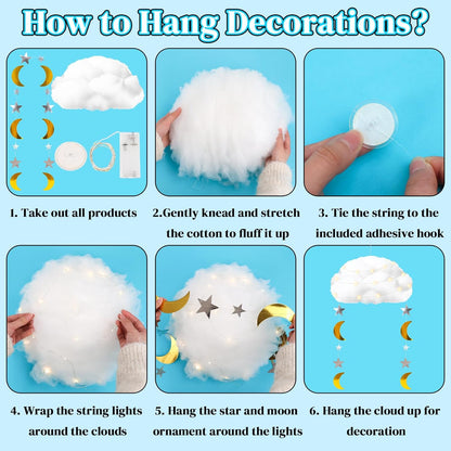 Skiennix 3D Fluffy Cloud LED Light Kit - Hanging & Table Centerpiece Decor for Baby Showers & Parties