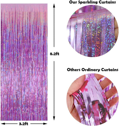 Melsan Easter Decorations - 3 Pack Pinkish Purple Tinsel Fringe Curtain Backdrop | 3.2 x 8.2 ft Sparkling Metallic Party Decor