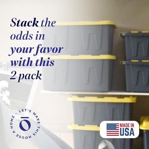 HOMZ Heavy Duty Plastic Storage Bins - 15 Gallon Stackable Containers with Lids | Black/Yellow 2-Pack