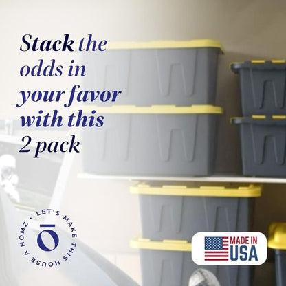 HOMZ Heavy Duty Plastic Storage Bins - 15 Gallon Stackable Containers with Lids | Black/Yellow 2-Pack