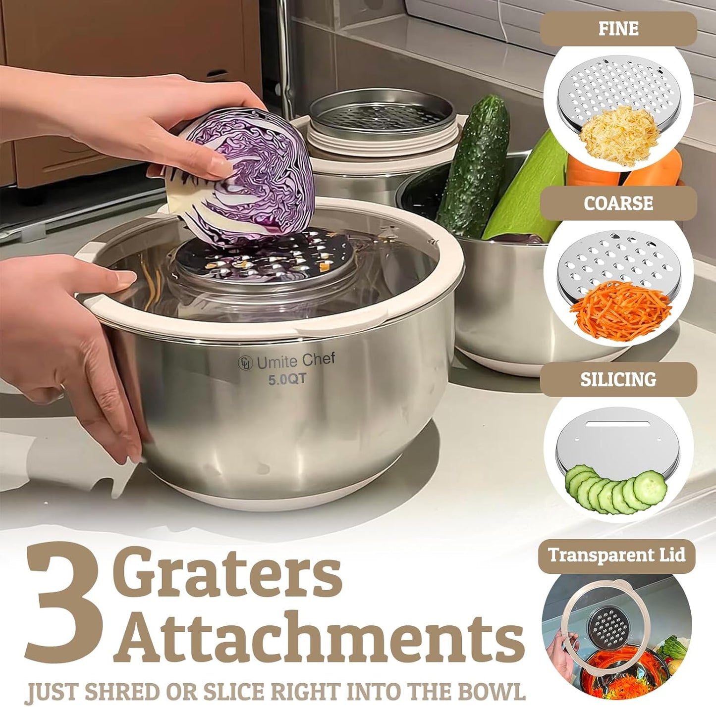 Skiennix Mixing Bowls Set - Airtight Stainless Steel Bowls with Lids & Graters | Khaki 5/3/2/1.5/0.63QT