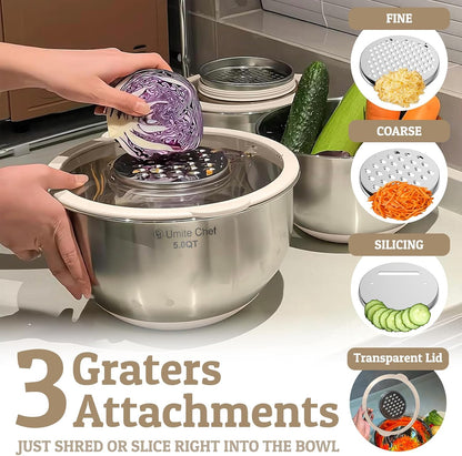 Skiennix Mixing Bowls Set - Airtight Stainless Steel Bowls with Lids & Graters | Khaki 5/3/2/1.5/0.63QT