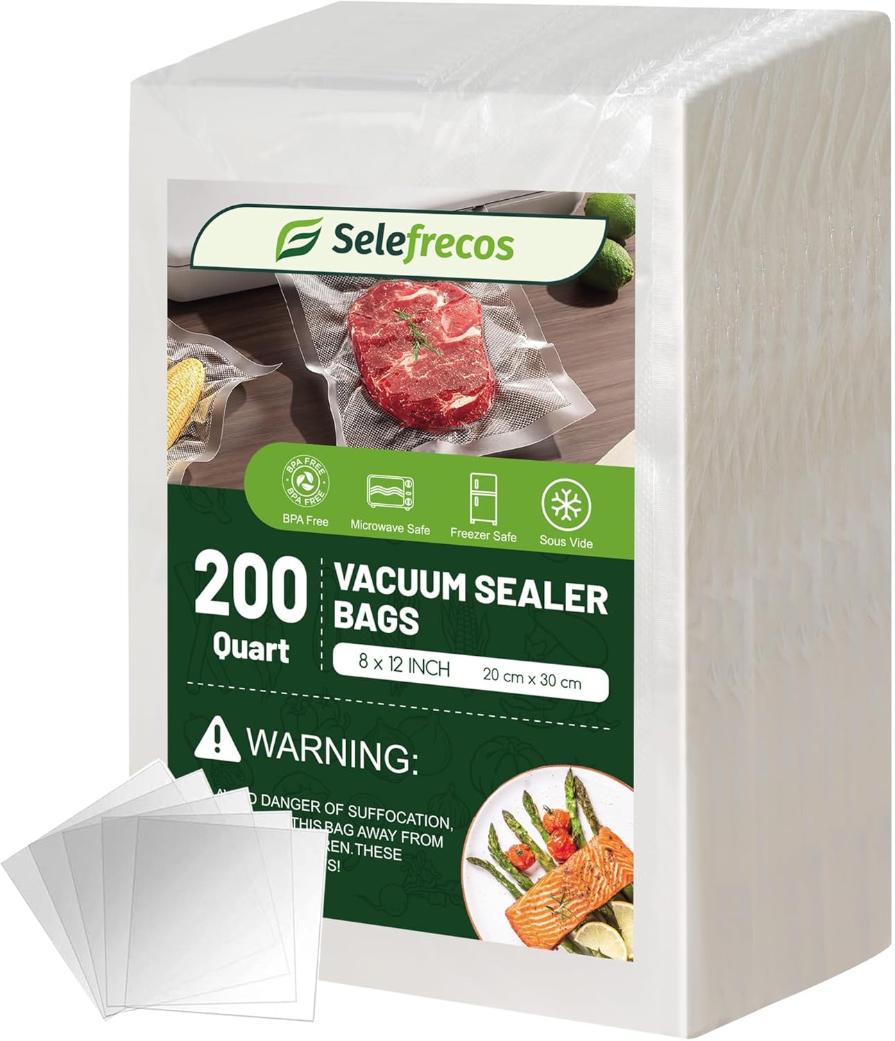 Skiennix Vacuum Sealer Bags - 200 Quart BPA-Free 8x12 Inch Heavy Duty Food Storage Bags for Meal Prep | Sous Vide
