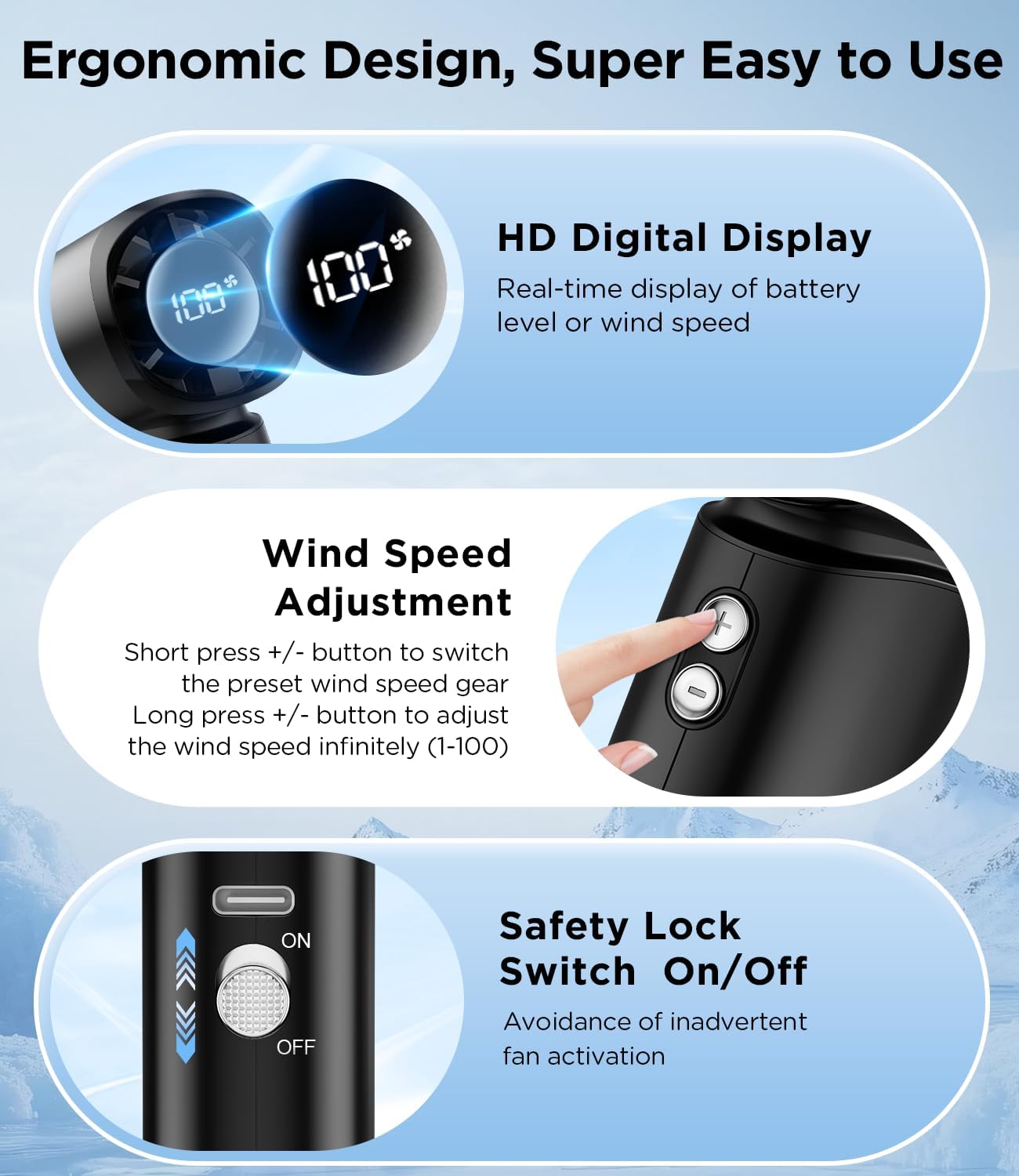 Skiennix Portable Handheld Fan - 100-Speed Adjustable Mini Turbo Fan with 6000mAh Battery | Strong Airflow & LED Display