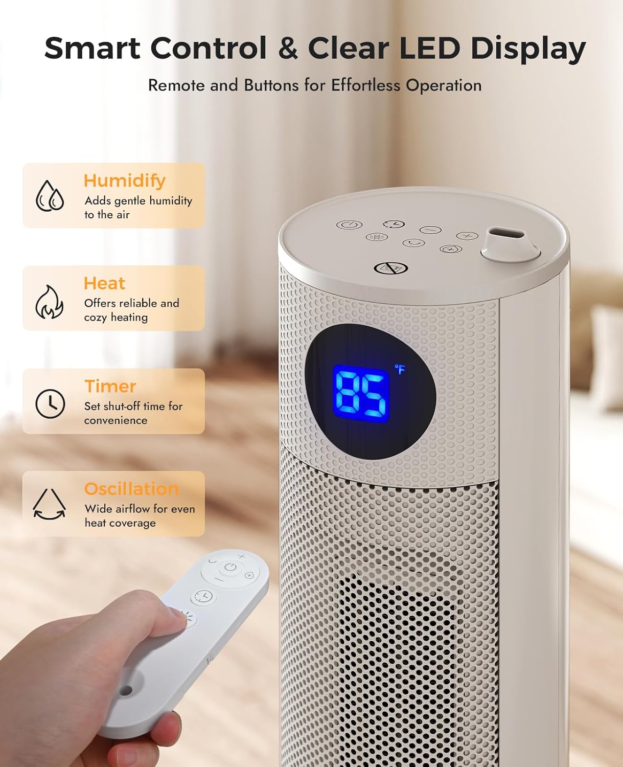 Space Heater with Humidifier by [Brand Name] - Portable Indoor Tower Heater with Remote, Adjustable Thermostat, 3 Heat Modes & 12H Timer