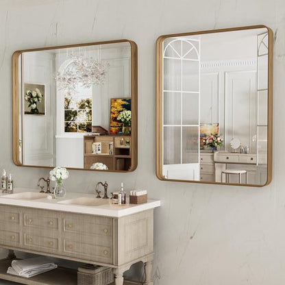 LOAAO Bathroom Mirror - 40x24 Inch Rounded Rectangle Design with Wood Grain Metal Frame | Anti-Rust, Versatile Hanging Options
