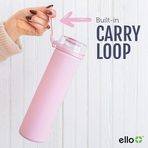 Ello Syndicate 20oz Reusable Glass Water Bottle - One-Touch Leak-Proof Lid, Non-Slip Sleeve | Tech Blue