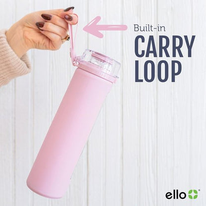 Ello Syndicate 20oz Reusable Glass Water Bottle - One-Touch Leak-Proof Lid, Non-Slip Sleeve | Tech Blue