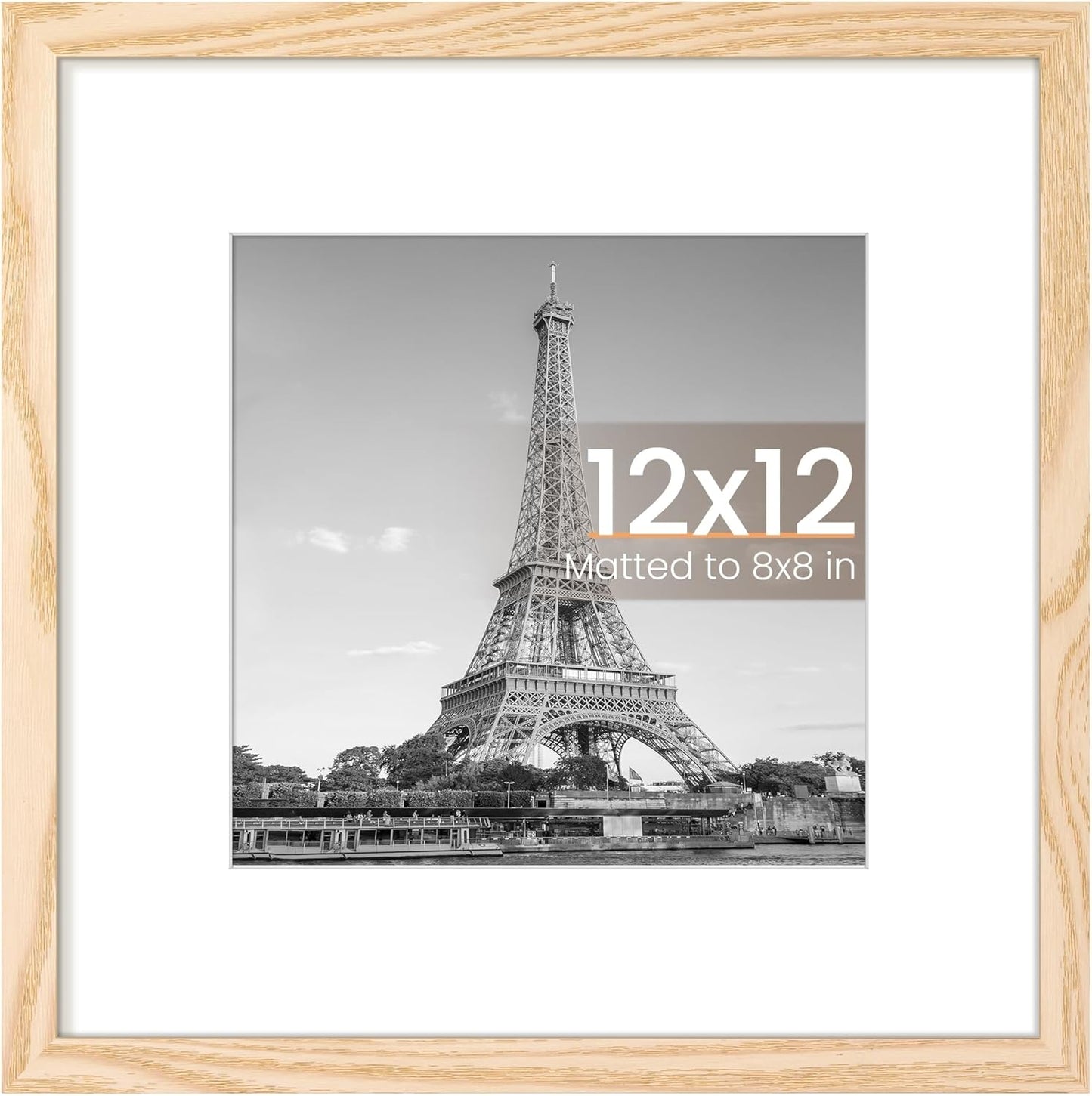 Upsimples 12x12 Picture Frame - Display 8x8 Photos with Mat or 12x12 Without | Natural Wood Finish, 1 Pack