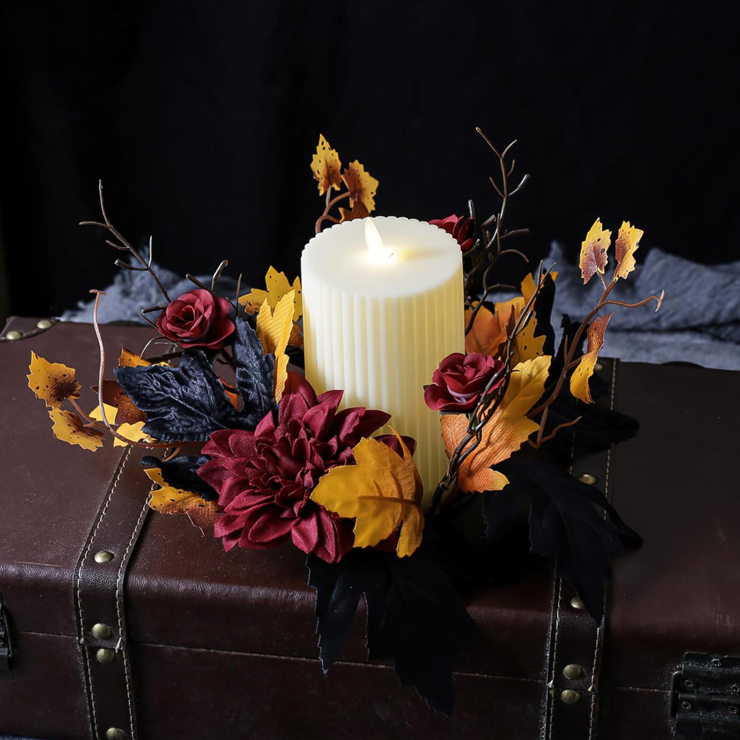 Regine Switzerland Halloween Candle Rings - Red Flowers & Artificial Maple Leaves Wreath | Perfect for Party Centerpieces
