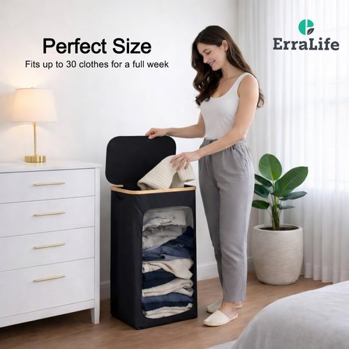 ErraLife Slim Laundry Hamper with Lid, 60L Capacity, Bamboo Handles, and Steel Ring Removable Inner Bag - Collapsible Clothes Basket Laundry Organizer for Bedroom, Bathroom, Dorm, Black