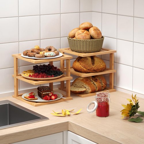 Bamboo Corner Shelf - 3 Tier Kitchen Cabinet Organizer for Plates & Dishes | Natural Finish, 2 Pack