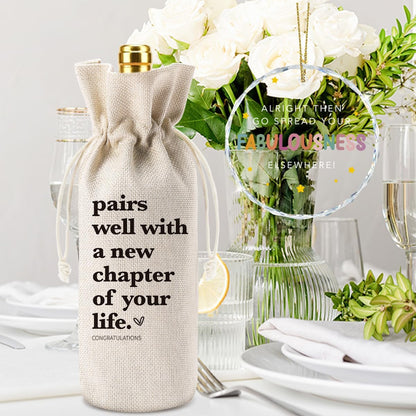 XFW New Chapter Wine Bag with Good Luck Hanging Ornament New Beginnings Gifts for Women Men Farewell Gifts for Friends Going Moving Away Gifts for Coworkers Retirement Wine Bag Ornament Set