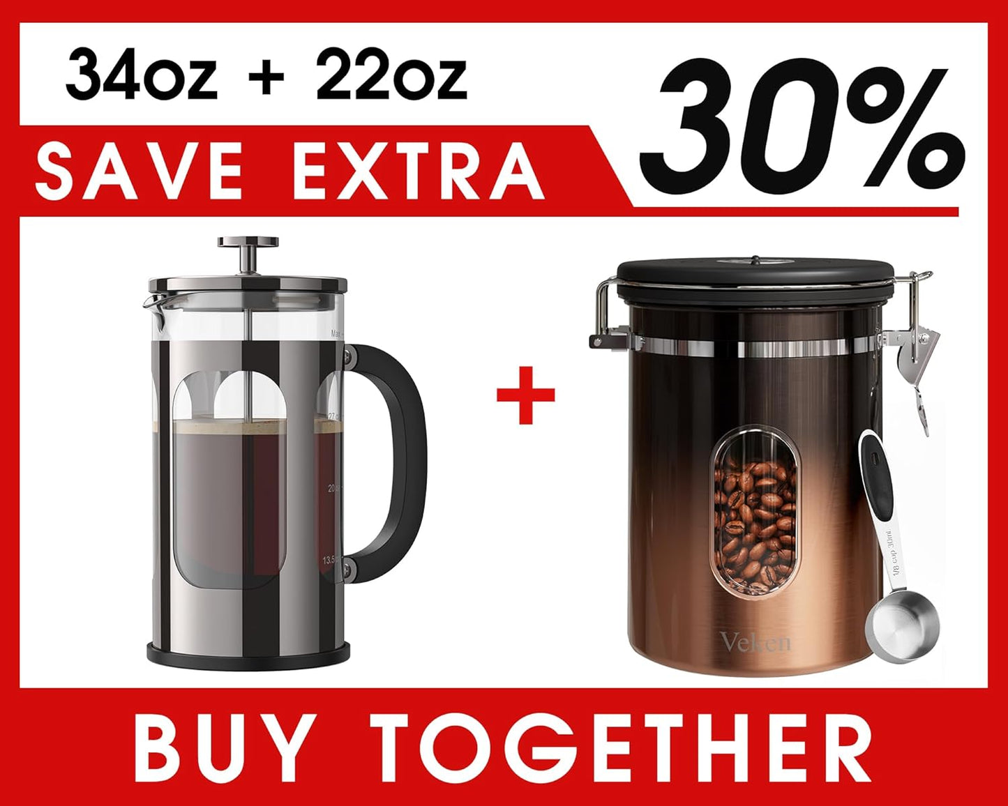 Veken French Press 34oz - Dark Pewter Coffee Maker with 22oz Copper Canister Set