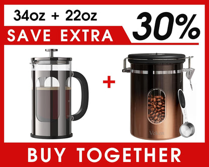 Veken French Press 34oz - Dark Pewter Coffee Maker with 22oz Copper Canister Set