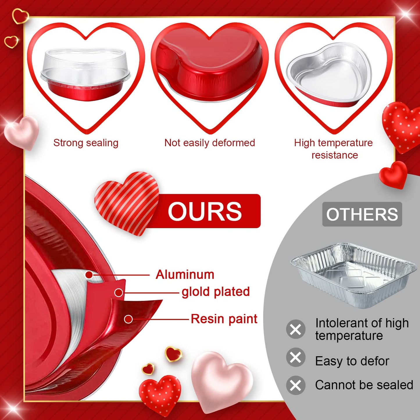 Yinkin 50 Set 9 oz Mother's Day Heart Shaped Cake Pans 5.4 Inch Heart Aluminum Foil Cupcake Pans with Lids Disposable Dessert Baking Cups Pans for Mother Valentine Wedding Birthday Muffin Pie(Red)