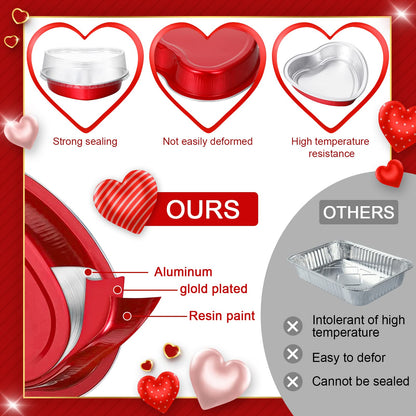 Yinkin 50 Set 9 oz Mother's Day Heart Shaped Cake Pans 5.4 Inch Heart Aluminum Foil Cupcake Pans with Lids Disposable Dessert Baking Cups Pans for Mother Valentine Wedding Birthday Muffin Pie(Red)