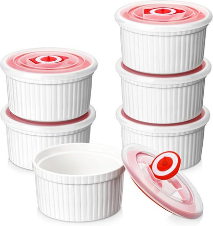 MALACASA Ramekins - 8 oz White Porcelain Set of 6 with Lids | Oven & Dishwasher Safe Custard Cups