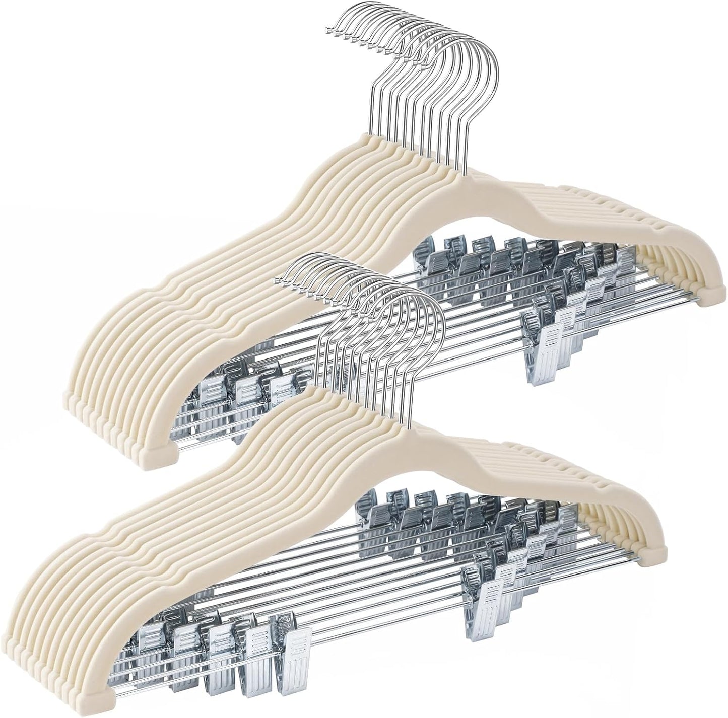 Skiennix 24-Pack Beige Velvet Hangers - Adjustable, Heavy-Duty, Non-Slip Design for Space Saving